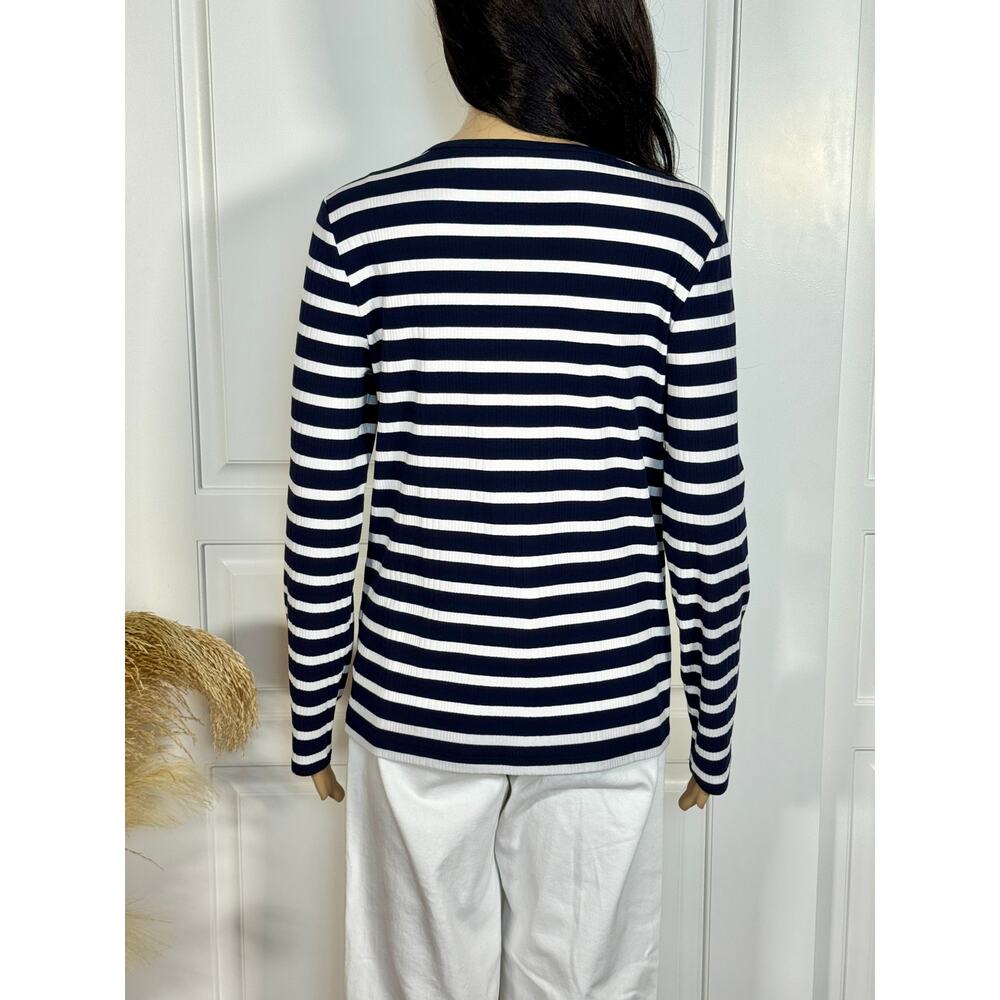 TALBOTS NAVY BLUE AND WHITE STRIPE CARDIGAN SIZE MEDIUM - Picture 5 of 10